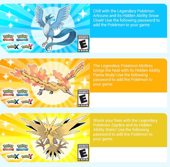 Pokémon Codici Uccelli leggendari